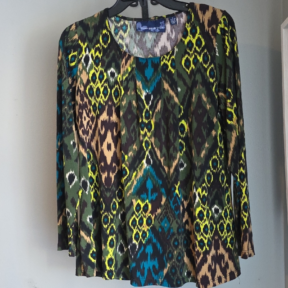 Susan Graver Green and Blue Patterned Long Sleeve Top Size Small